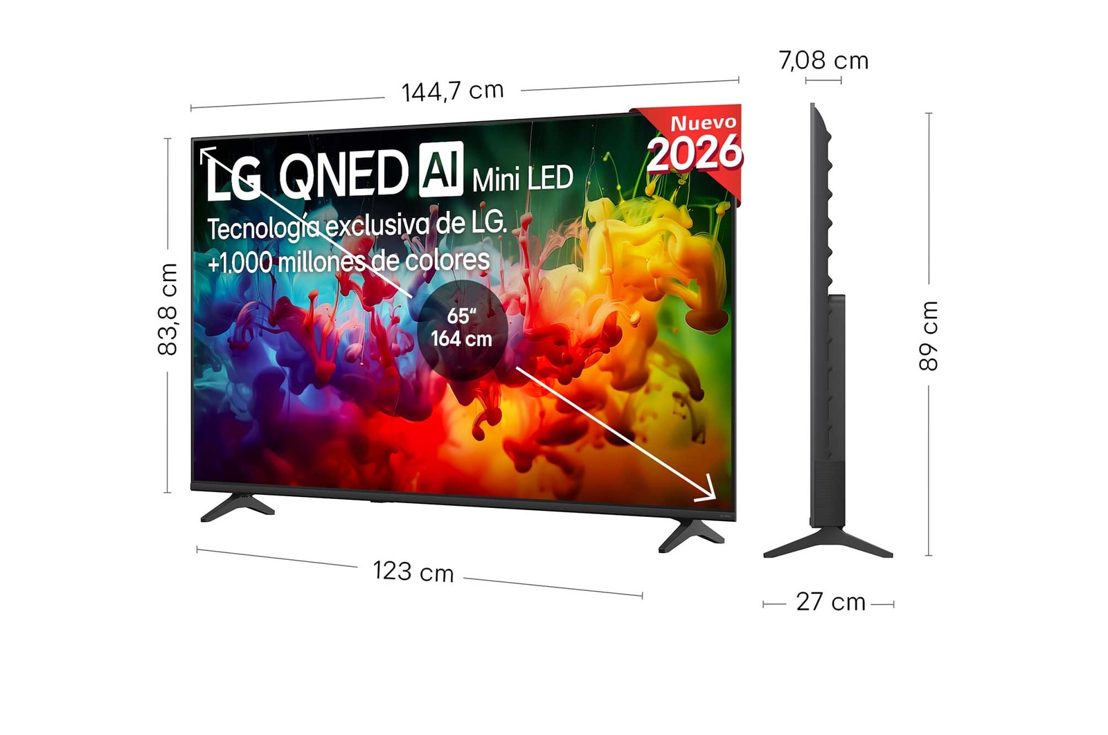 LG QNED AI QNED70 Mini LED shown in front and side views highlights a 65-inch display with a 1447 mm-wide screen, 838 mm screen height, 901 mm height with stand, a 70.8 mm profile depth, and a stand footprint measuring 1185 by 269 mm.