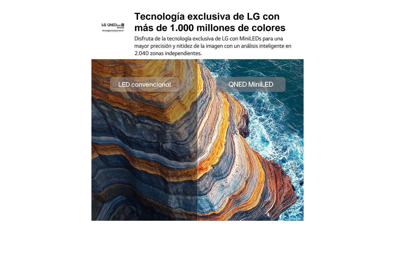 LG QNED AI QNED70 Mini LED highlights how its Mini LED reveals sharper rock textures and clearer ocean detail than conventional LED in a split coastal cliff scene, delivering deeper blacks and more refined contrast for greater clarity and depth.