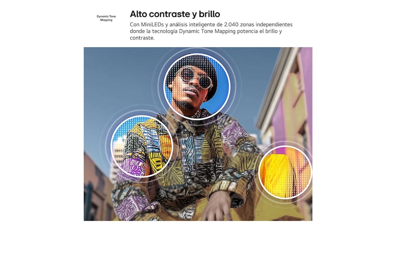 LG QNED AI QNED70 Mini LED with 4K Super Upscaling and Dynamic Tone Mapping shows a low-angle outdoor scene of a man between colorful buildings, as AI recognizes the scene and upscales each frame to 4K resolution.