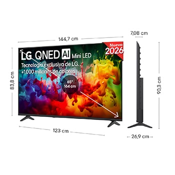 LG QNED AI QNED70 Mini LED shown in front and side views highlights a 65-inch display with a 1447 mm-wide screen, 838 mm screen height, 901 mm height with stand, a 70.8 mm profile depth, and a stand footprint measuring 1185 by 269 mm.