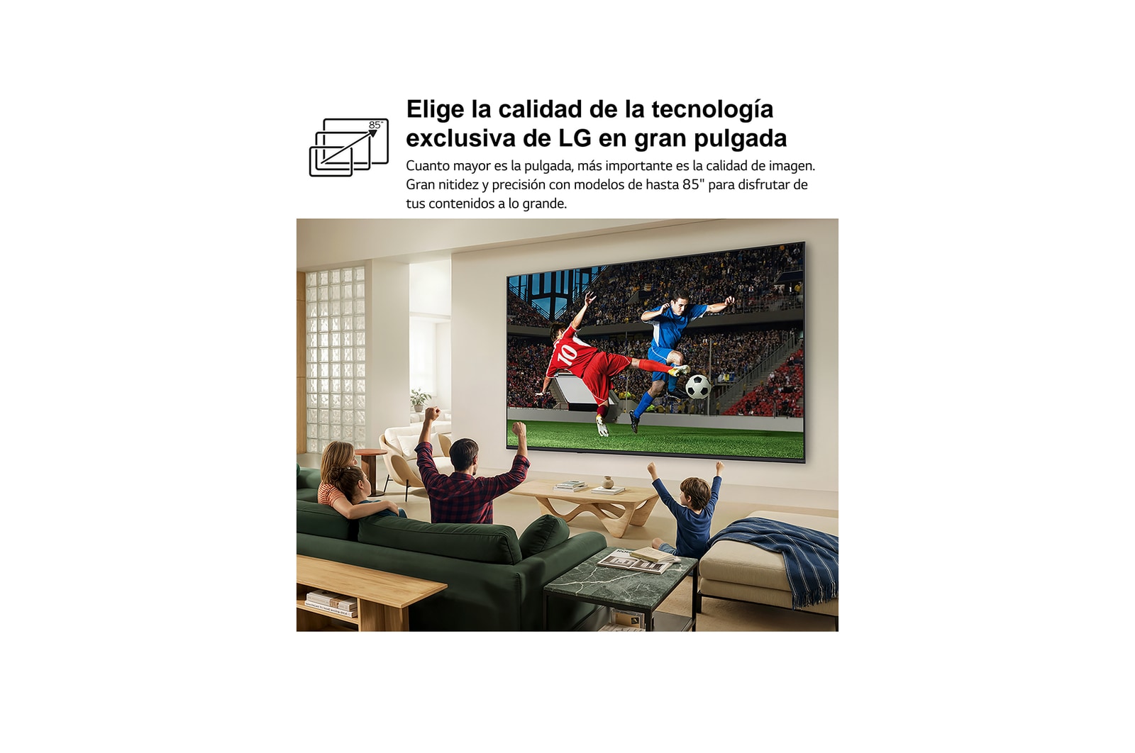 LG QNED AI QNED70 Mini LED Ultra Big TV is wall-mounted in a bright living room, showing an intense soccer moment with vivid colors and refined picture quality across a wide screen, as a family seated on sofas cheers together.