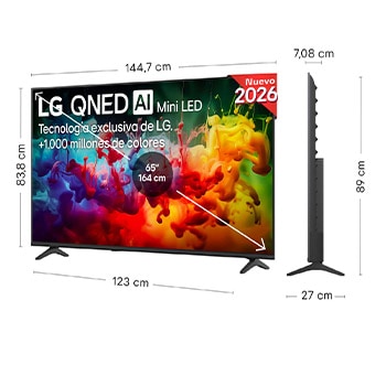 LG QNED AI QNED70 Mini LED shown in front and side views highlights a 65-inch display with a 1447 mm-wide screen, 838 mm screen height, 901 mm height with stand, a 70.8 mm profile depth, and a stand footprint measuring 1185 by 269 mm.