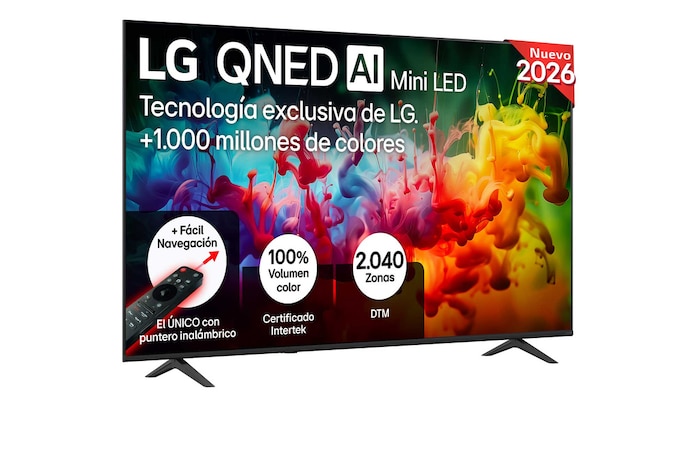 The front view of LG QNED AI QNED70 Mini LED, released in 2026, fills the screen with vivid, fluid splashes of multicolored motion, as finely layered colors disperse smoothly across the display.