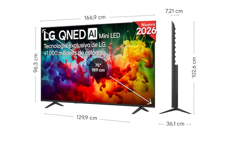 LG QNED AI QNED70 Mini LED shown in front and side views highlights a 75-inch display with a 1669 mm-wide screen, 963 mm screen height, 1026 mm height with stand, a 72.1 mm profile depth, and a stand footprint measuring 1299 by 361 mm.