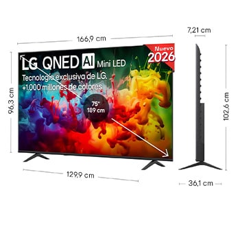 LG QNED AI QNED70 Mini LED shown in front and side views highlights a 75-inch display with a 1669 mm-wide screen, 963 mm screen height, 1026 mm height with stand, a 72.1 mm profile depth, and a stand footprint measuring 1299 by 361 mm.