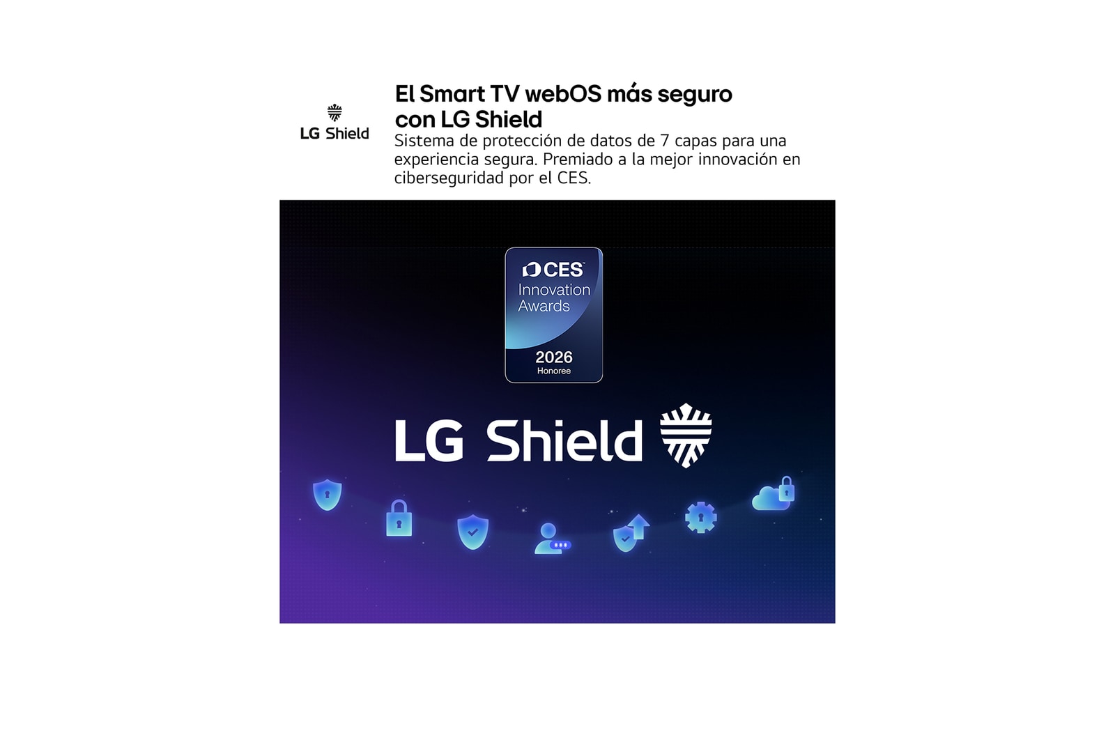 LG Shield, applied to LG QNED AI QNED70 Mini LED, is shown with an LG Shield logo at the center, security icons below, and a 2026 CES Innovation Awards Honoree badge above, representing data and system protection.