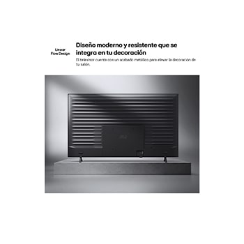 LG QNED AI QNED70 Mini LED is shown from the back, revealing a metallic rear panel with evenly spaced horizontal ridges that create a clean, structured look and emphasize the Linear Flow Design across the entire surface.