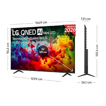 LG QNED AI QNED70 Mini LED shown in front and side views highlights a 75-inch display with a 1669 mm-wide screen, 963 mm screen height, 1026 mm height with stand, a 72.1 mm profile depth, and a stand footprint measuring 1299 by 361 mm.