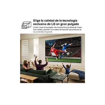 LG QNED AI QNED70 Mini LED Ultra Big TV is wall-mounted in a bright living room, showing an intense soccer moment with vivid colors and refined picture quality across a wide screen, as a family seated on sofas cheers together.