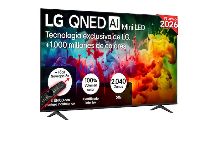 The front view of LG QNED AI QNED70 Mini LED, released in 2026, fills the screen with vivid, fluid splashes of multicolored motion, as finely layered colors disperse smoothly across the display.