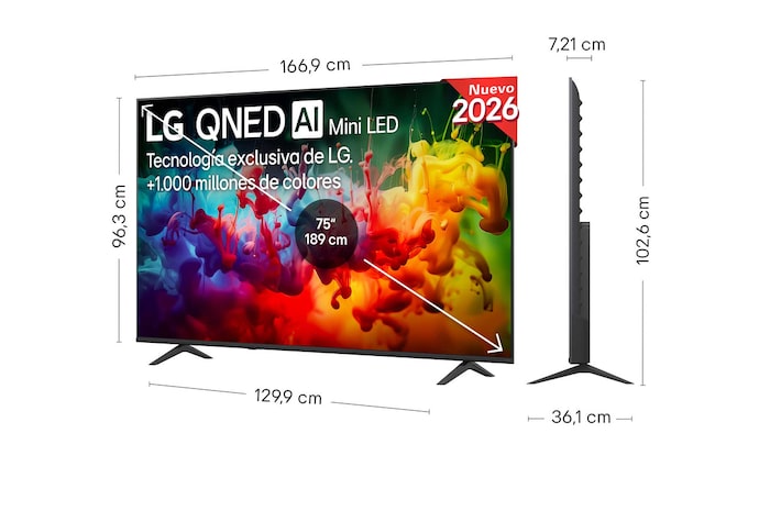 LG QNED AI QNED70 Mini LED shown in front and side views highlights a 75-inch display with a 1669 mm-wide screen, 963 mm screen height, 1026 mm height with stand, a 72.1 mm profile depth, and a stand footprint measuring 1299 by 361 mm.
