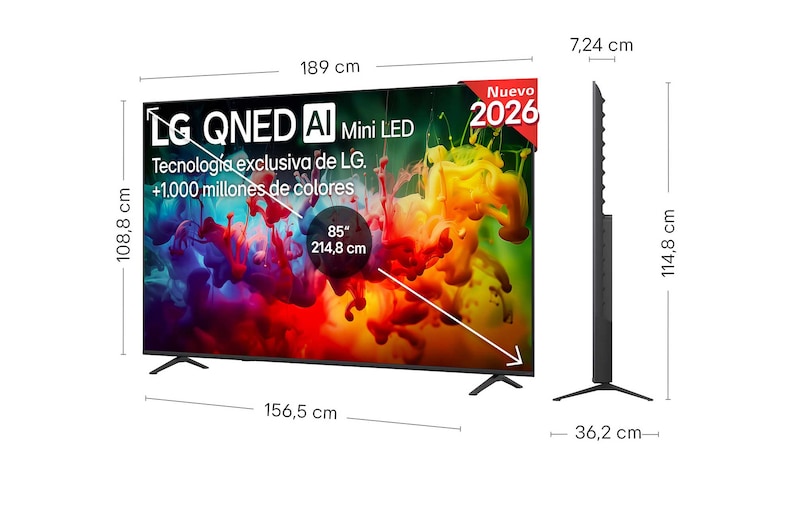 The front view of the LG QNED AI QNED70 Mini LED, released in 2026, displays vivid, fluid splashes of multicolored motion, featuring Dynamic QNED Color, Mini LED, an alpha 7 AI Processor 4K Gen9, webOS, and an 85-inch display.