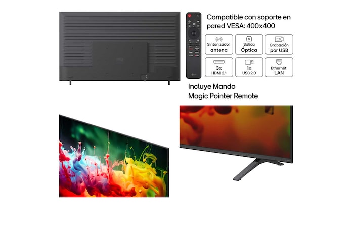 LG QNED AI QNED70 Mini LED shown in front and side views highlights an 85-inch display with a 1890 mm-wide screen, 1088 mm screen height, 1148 mm height with stand, a 72.4 mm profile depth, and a stand footprint measuring 1565 by 362 mm.