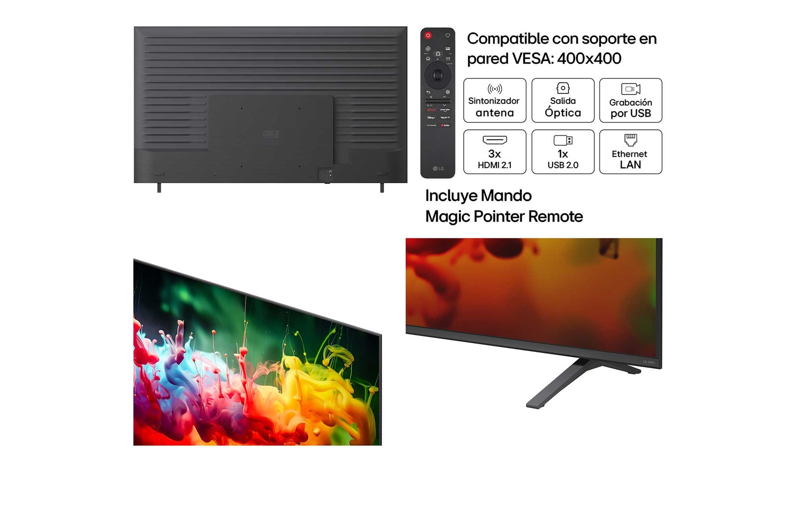 LG QNED AI QNED70 Mini LED shown in front and side views highlights an 85-inch display with a 1890 mm-wide screen, 1088 mm screen height, 1148 mm height with stand, a 72.4 mm profile depth, and a stand footprint measuring 1565 by 362 mm.