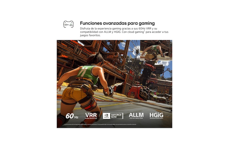LG QNED AI QNED70 Mini LED for Ultimate Gameplay shows a fast-paced action game scene with a comparison inset highlighting smoother motion, while supporting up to 60Hz, VRR, ALLM, HGiG, and GeForce NOW.