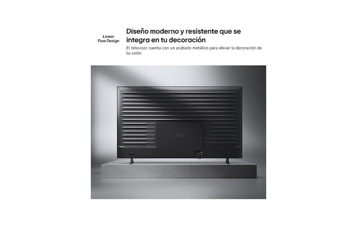 LG QNED AI QNED70 Mini LED is shown from the back, revealing a metallic rear panel with evenly spaced horizontal ridges that create a clean, structured look and emphasize the Linear Flow Design across the entire surface.