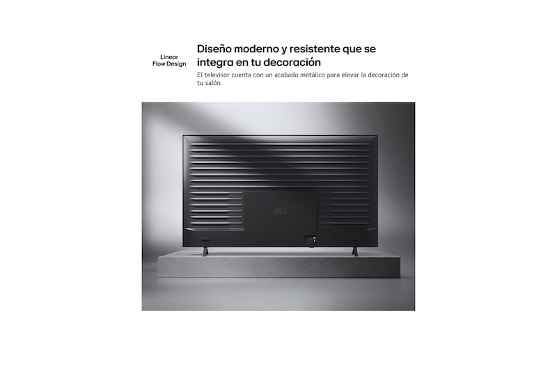 LG QNED AI QNED70 Mini LED is shown from the back, revealing a metallic rear panel with evenly spaced horizontal ridges that create a clean, structured look and emphasize the Linear Flow Design across the entire surface.