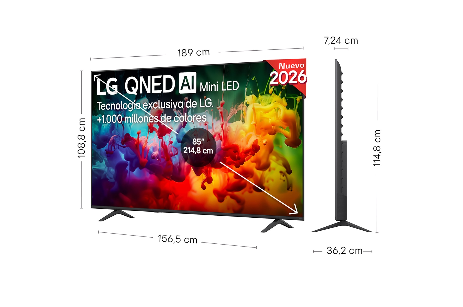 LG QNED AI QNED70 Mini LED shown in front and side views highlights an 85-inch display with a 1890 mm-wide screen, 1088 mm screen height, 1148 mm height with stand, a 72.4 mm profile depth, and a stand footprint measuring 1565 by 362 mm.
