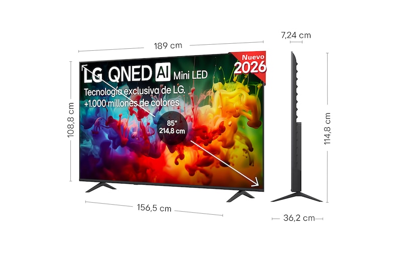 LG QNED AI QNED70 Mini LED shown in front and side views highlights an 85-inch display with a 1890 mm-wide screen, 1088 mm screen height, 1148 mm height with stand, a 72.4 mm profile depth, and a stand footprint measuring 1565 by 362 mm.