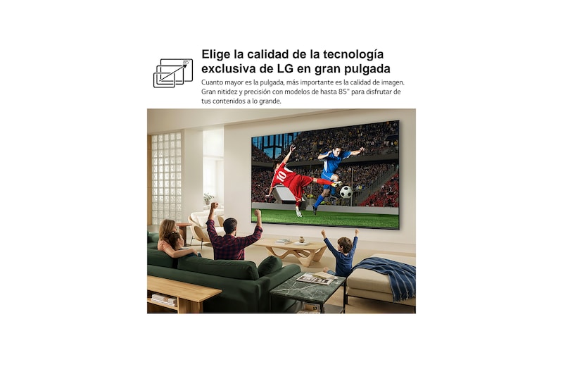 LG QNED AI QNED70 Mini LED Ultra Big TV is wall-mounted in a bright living room, showing an intense soccer moment with vivid colors and refined picture quality across a wide screen, as a family seated on sofas cheers together.
