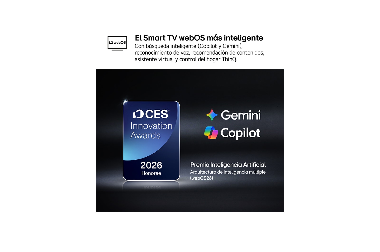 The 2026 CES Innovation Awards Honoree badge in the Artificial Intelligence category recognizes Multi-AI search with Google Gemini and Microsoft Copilot.