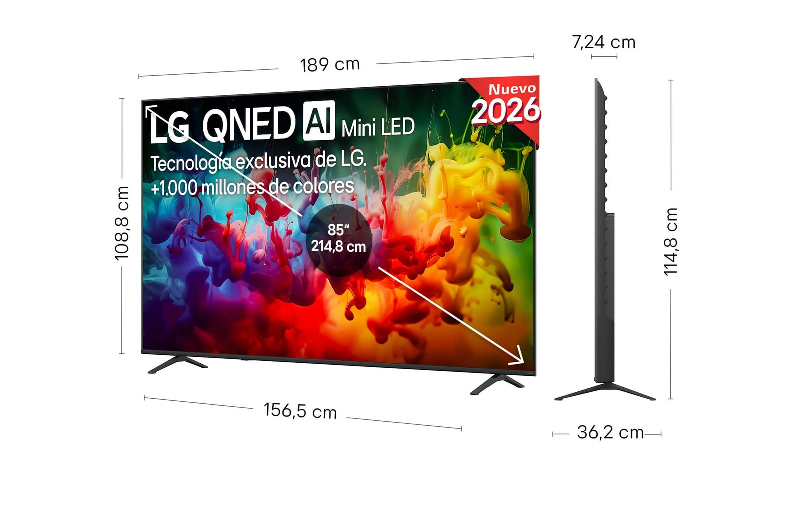 The front view of the LG QNED AI QNED70 Mini LED, released in 2026, displays vivid, fluid splashes of multicolored motion, featuring Dynamic QNED Color, Mini LED, an alpha 7 AI Processor 4K Gen9, webOS, and an 85-inch display.