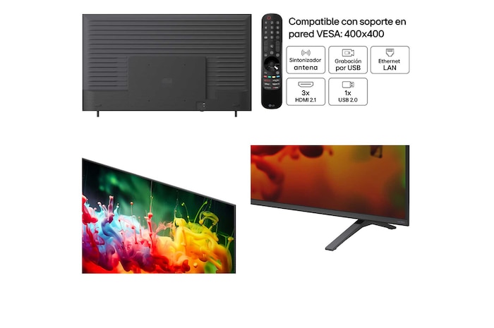 LG QNED AI QNED70 Mini LED shown in front and side views highlights an 85-inch display with a 1890 mm-wide screen, 1088 mm screen height, 1148 mm height with stand, a 72.4 mm profile depth, and a stand footprint measuring 1565 by 362 mm.