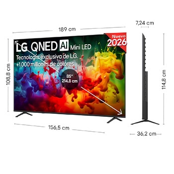 The front view of the LG QNED AI QNED70 Mini LED, released in 2026, displays vivid, fluid splashes of multicolored motion, featuring Dynamic QNED Color, Mini LED, an alpha 7 AI Processor 4K Gen9, webOS, and an 85-inch display.