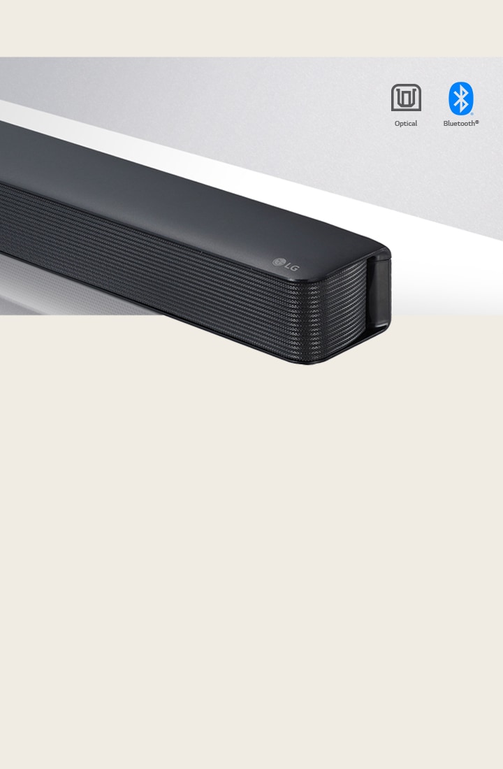 Primer plano del lado derecho de la barra de sonido LG con el logotipo de LG en la esquina inferior derecha. Iconos de conectividad sobre el producto. 	