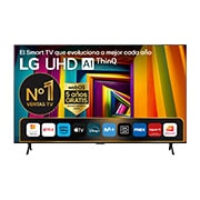Front view of LG UHD TV, 98UT90 with text of LG UHD AI, 2024, and webOS Re:New Program logo on screen