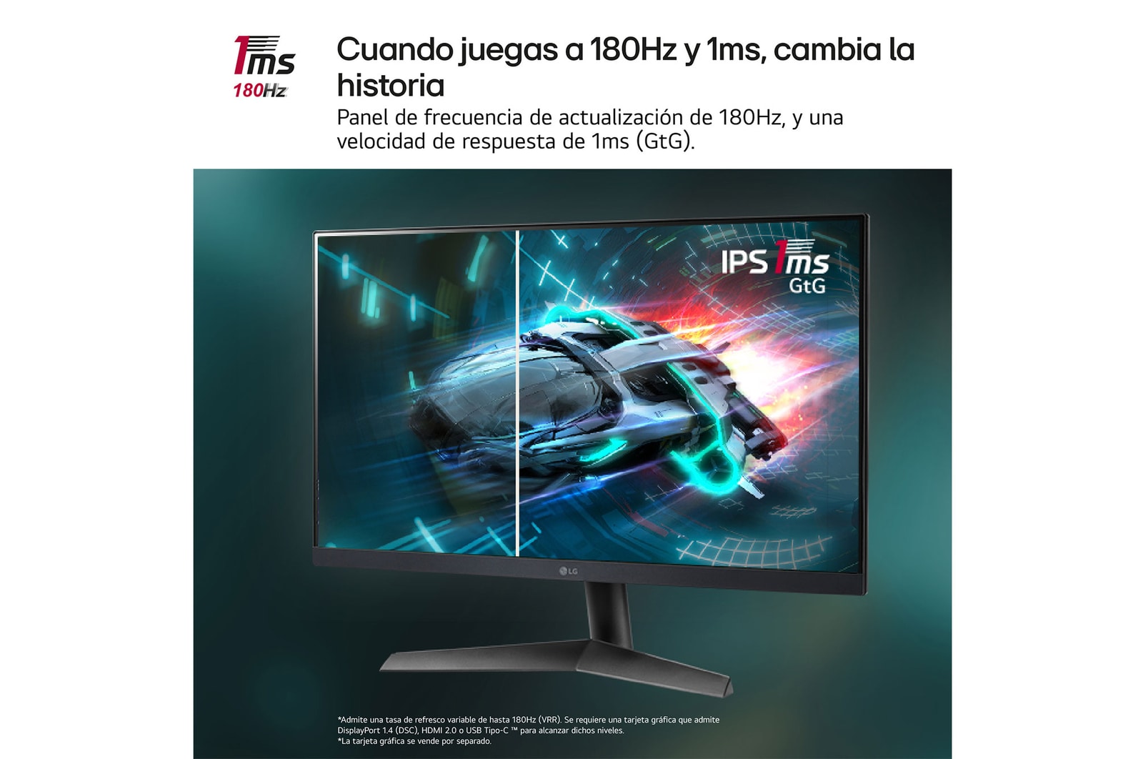 LG Monitor Gaming LG UltraGear™ de 24 pulgadas | Full HD de 180Hz IPS con tiempo de respuesta de 1ms (GtG), compatible con G-SYNC® FreeSync™, 24GS60F-B