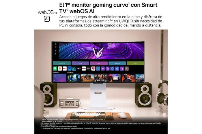 LG Monitor Gaming Smart OLED LG UltraGear, 34", webOS 24, OLED WQHD (3440x1440), 240Hz, 0,03 ms, 21:9, Curvo 800R, 34GX90SA-W