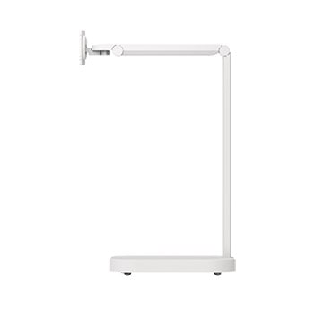 Side view of the monitor stand arm in a lowered position,