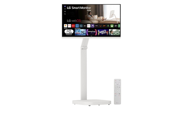 Vista frontal de LG Smart Monitor Swing, 32" , serie Cine & Streaming, 4K UHD, Smart Monitor webOS 24, peana Swing portátil y flexible, Mando Magic Pointer Remote. 32U721SAW-W
