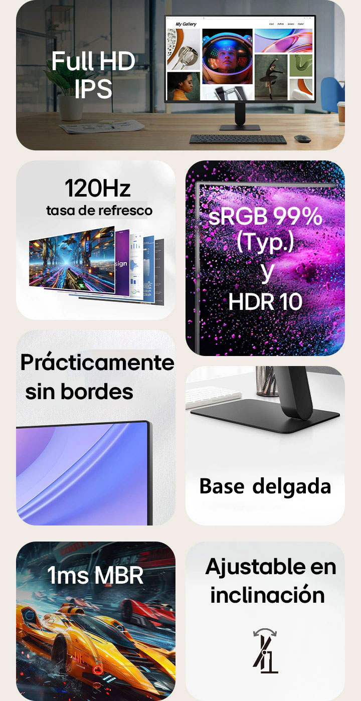 Una vista general de las catacterísticas del monitor, que destaca lo más importante: pantalla Full HD IPS, frecuencia de actualización 120Hz, sRGB 99% con HDR10, diseño sin bordes, peana delgada en forma de L, 1ms MBR (Motion Blur Reduction) y ajuste en inclinación. Cada característica se muestra con una imagen o icono representativo.