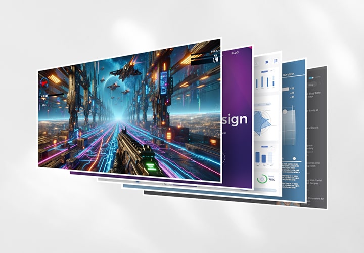 Un gráfico promocional del monitor con frecuencia de actualización de 120Hz. A la izquierda, el texto destaca los beneficios como los visuales fluidos y el flujo de trabajo suave. A la derecha, múltiples ventanas superpuestas que muestran un juego de ciencia ficción de disparos, gráficos, software de diseño, con desempeño impecable en todas las tareas en ejecución.