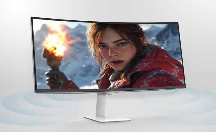 El monitor muestra una escena de película vibrante y, a continuación, una pantalla multitarea con una videoconferencia y gráficos bursátiles en tiempo real, destacando el sonido envolvente y las funciones de productividad.