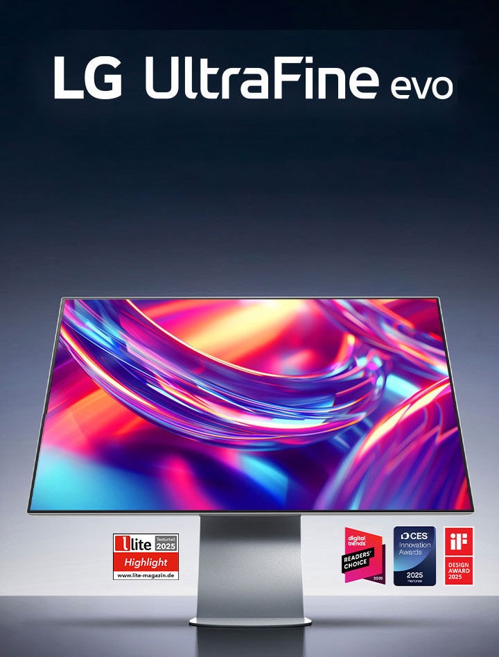 Imagen del monitor LG UltraFine™ evo 32U990A con su logotipo y los logotipos de varios premios debajo.