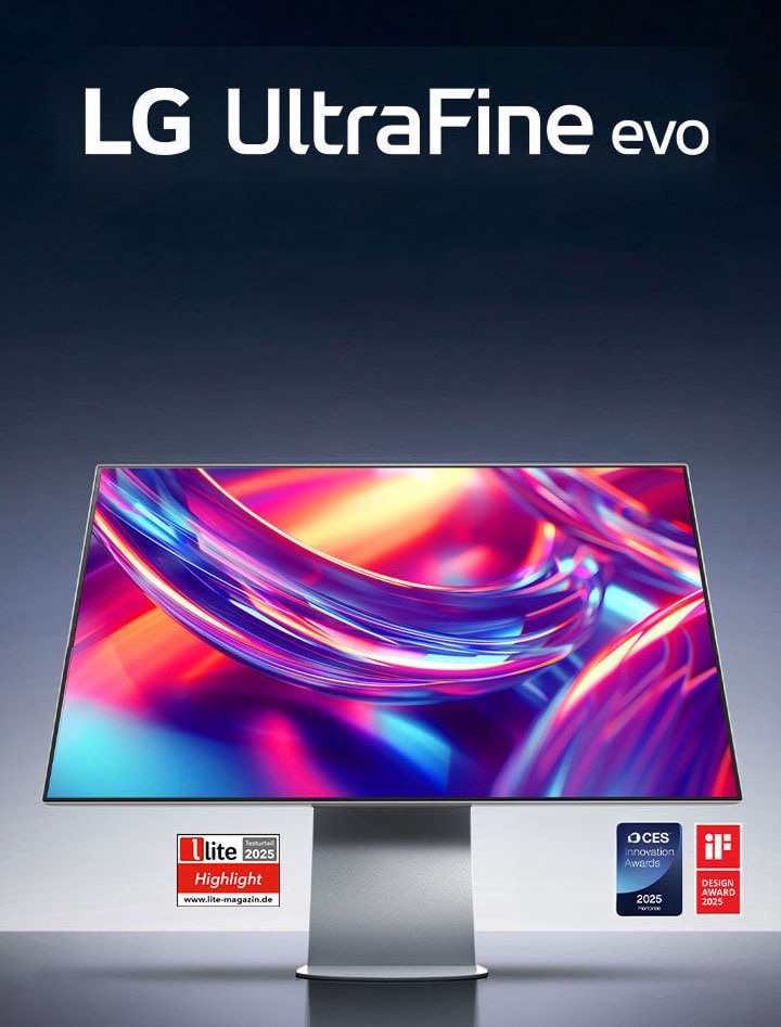 Imagen del monitor LG UltraFine™ evo 32U990A con su logotipo y los logotipos de varios premios debajo.