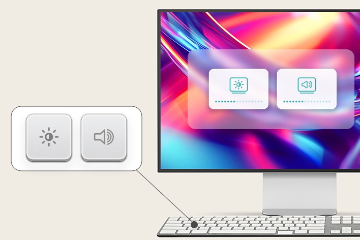 Monitor LG UltraFine evo 6K con la función M-Control, que permite ajustar fácilmente el brillo y el sonido directamente desde el teclado de un Mac, sin necesidad de configuraciones adicionales.