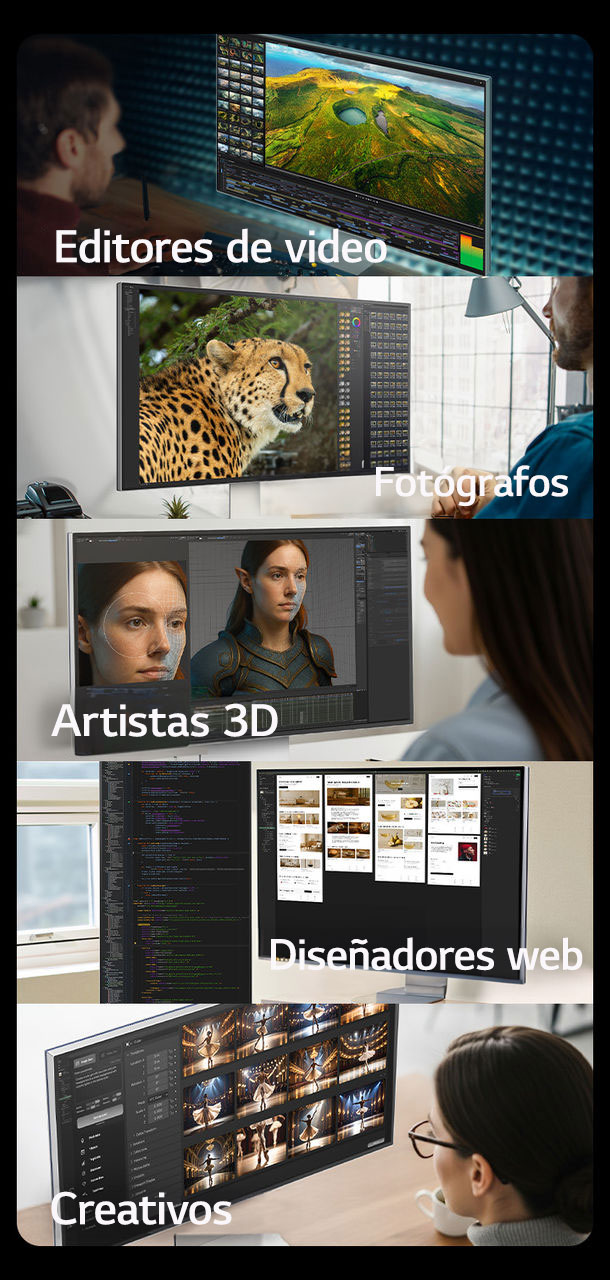 Cinco imágenes que muestran a distintos profesionales creativos trabajando en monitores LG UltraFine usando diferentes herramientas.