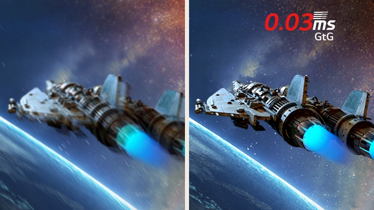 *Imagen comparativa que muestra la reducción del desenfoque de movimiento en el UltraGear™ 32GX850A con un tiempo de respuesta de 0,03 ms (GtG), para unas imágenes de juego más fluidas