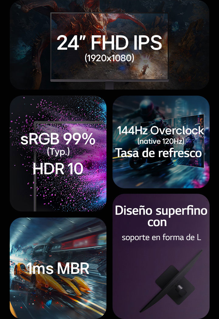 24  pulgadas FHD IPS 1920x1080, sRGB 99%, HDR 10, tasa de refresco 120 Hz, 1ms MRB, diseño ultradelgado."