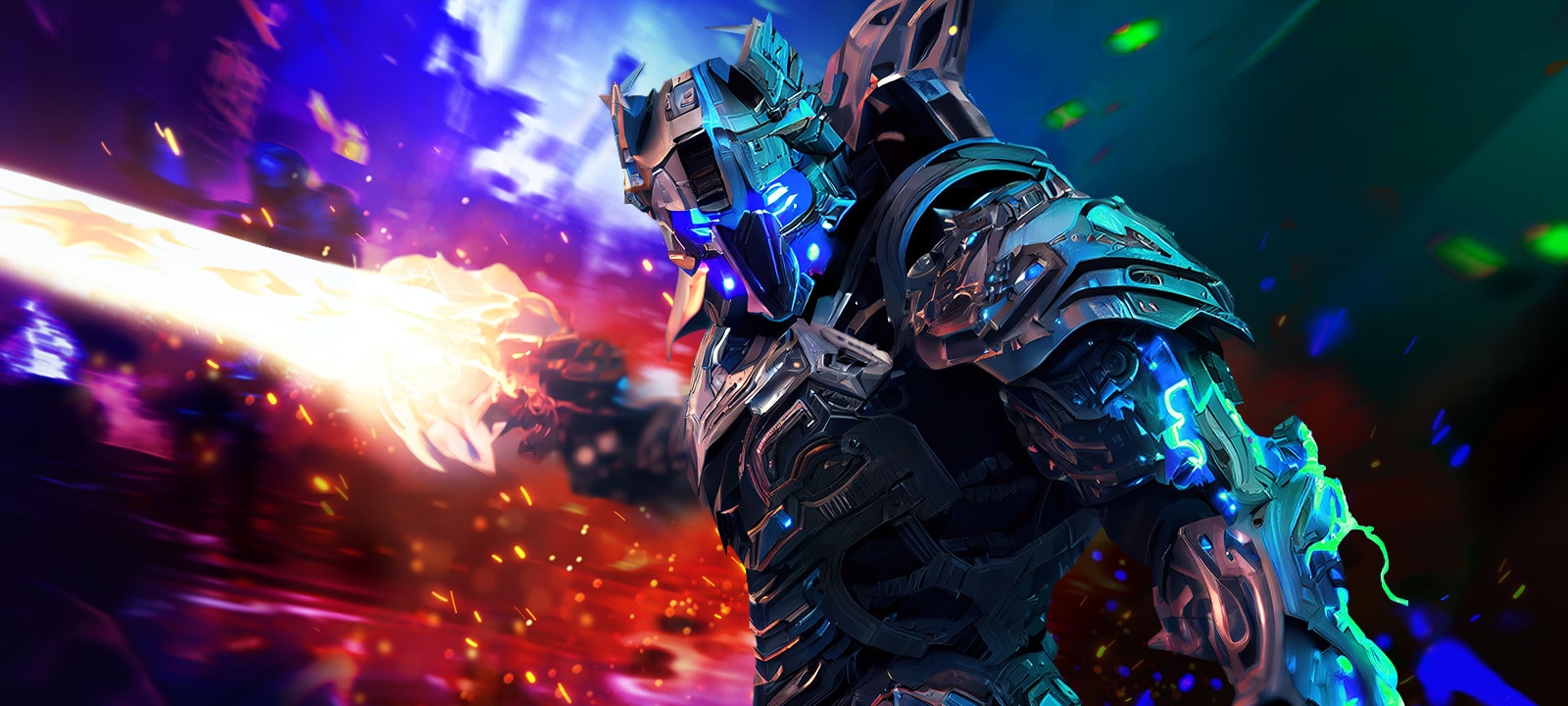 Nano IPS Black-A:: Un guerrero robótico con armadura disparando un arma de energía con un fondo brillante azul y llameante.