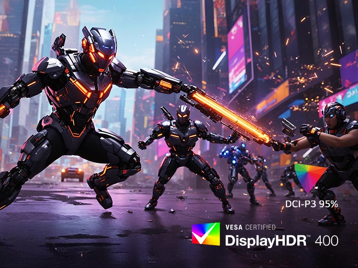 Un monitor que muestra una escena de batalla en una ciudad futurista, con soldados acorazados empuñando armas de energía luminosa bajo luces de neón.