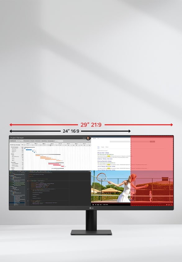 Se muestra el monitor de 29 pulgadas ilustrando la diferencia entre los ratios de aspecto 21:9 y 16:9, con múltiples aplicaciones en pantalla para demostrar la posibilidad de multitarea.