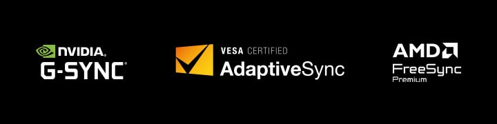 Logos de NVIDIA G-SYNC, VESA AdaptiveSync, y AMD FreeSync Premium Pro.	