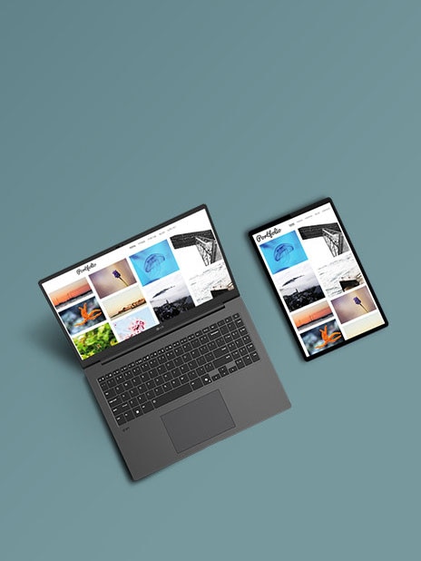 La imagen muestra una colección de dispositivos, como un ordenador portátil, una tablet y un teléfono inteligente, todos ellos con el mismo contenido, lo que pone de relieve la perfecta conectividad entre dispositivos. Con los logotipos de Apple y Android en la esquina inferior derecha.