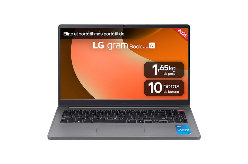 Vista frontal de Portátil 15" LG gram Book - 15UD50T, Intel® Core™ i5, 16 GB RAM, 512 SSD, Panel IPS FHD (1920x1080), Ligero 1,7 kg, 10 h, Gris 15UD50T-G.AX55B