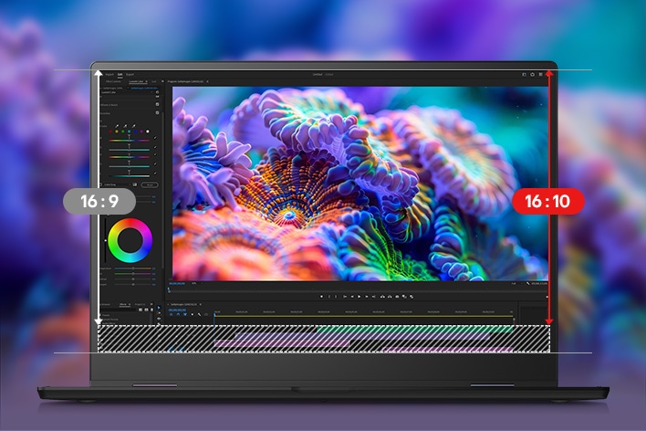Un ordenador portátil que muestra una interfaz de edición de vídeo con un colorido proyecto de diseño en la pantalla. Animación que muestra la transición de una ratio de aspecto de 16:9 a una de 16:10, destacando la ampliación del espacio de trabajo vertical que ofrece la ratio de aspecto 16:10.